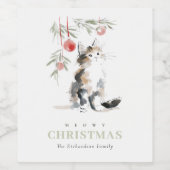 Cute Modern Watercolor Meowy Christmas Tree Cat ワインラベル (シングルラベル)
