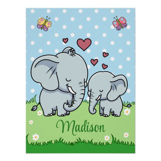 Cute Mom and Baby Elephant, Personalized  ポスター (正面)