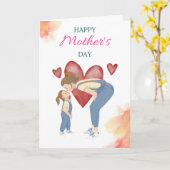 Cute Mom and Daughter Love Illustration カード (黄色い花)