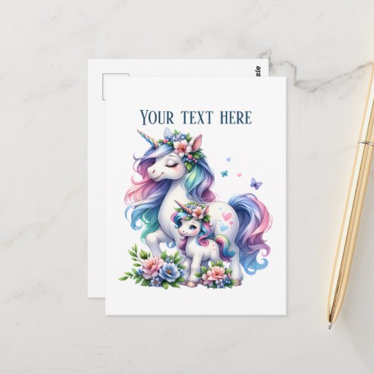 Cute Mommy baby unicorn add text ポストカード (正面/裏面インサイチュ)