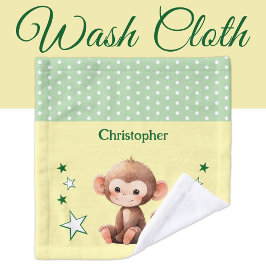 Cute monkey add name polka dots stars green ウォッシュタオル
