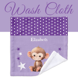 Cute monkey add name polka dots stars purple ウォッシュタオル