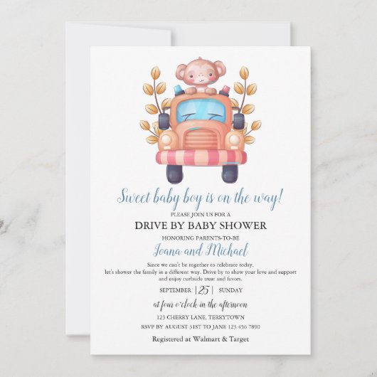 Cute Monkey Boy Baby Shower Drive Through   招待状 (正面)