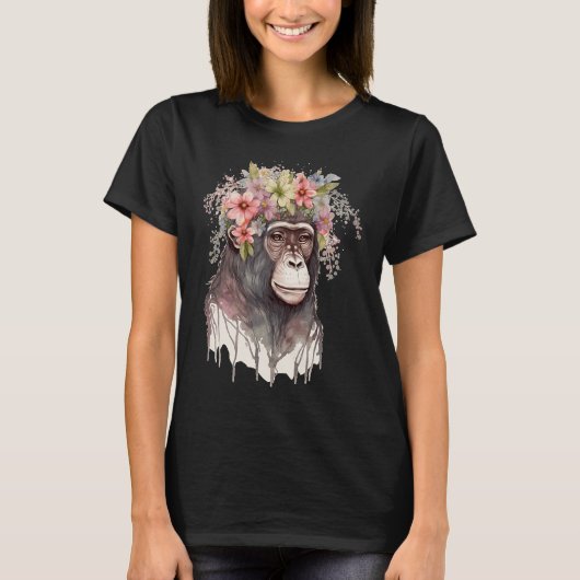Cute Monkey Flower Crown Floral Watercolor Tシャツ (正面)