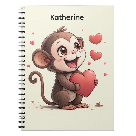 Cute Monkey Red Hearts Spiral Notebook  ノートブック (正面)