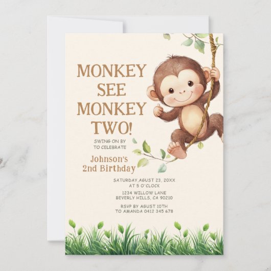 Cute Monkey See Monkey Two Safari 2nd Birthday 招待状 (正面)