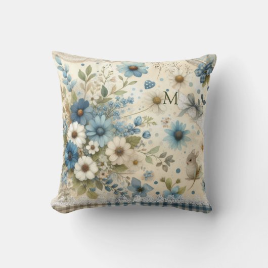  Cute Monogram Bunny Blue , Green & White Florals クッション (正面)