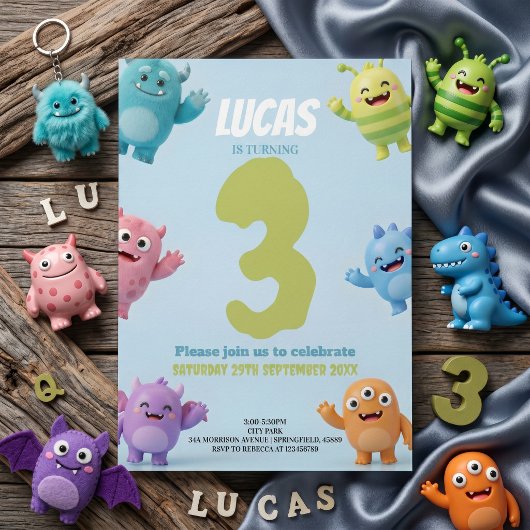 Cute Monster Birthday Party for Kids 招待状
