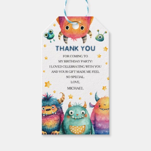 Cute Monsters Whimsical Kids' Birthday Thank You ギフトタグ (正面)