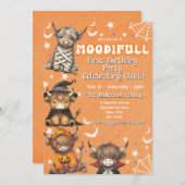 Cute Moodifull Highland Cow Halloween Birthday 招待状 (正面/裏面)