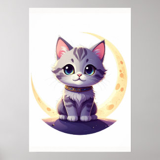 Cute Moon Cat Art Print – Magical Kitten design ポスター