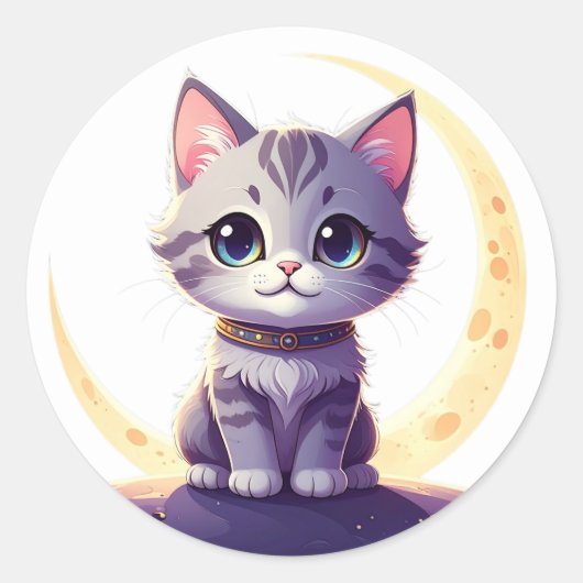 Cute Moon Cat Sticker – Magical Kitten on Crescent ラウンドシール (正面)