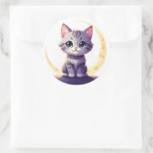 Cute Moon Cat Sticker – Magical Kitten on Crescent ラウンドシール (バッグ)