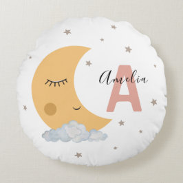 Cute Moon & Clouds Round Nursery Pillow Pink Initi ラウンドクッション