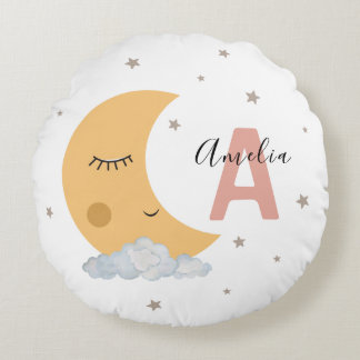 Cute Moon & Clouds Round Nursery Pillow Pink Initi ラウンドクッション