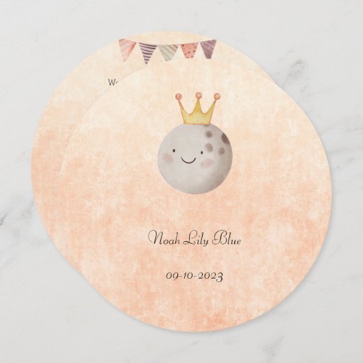 Cute Moon With Crown Baby Girl Card 招待状 (正面/裏面)