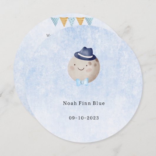 Cute Moon With Hat And Bow Baby Boy Card 招待状 (正面/裏面)