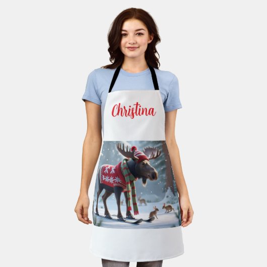 Cute Moose in Snowy Forest Christmas Personalized  エプロン (着用した状態)