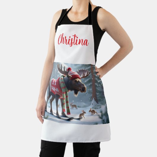Cute Moose in Snowy Forest Christmas Personalized エプロン (インサイチュ)