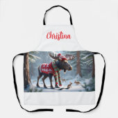 Cute Moose in Snowy Forest Christmas Personalized  エプロン (正面)
