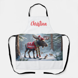 Cute Moose in Snowy Forest Christmas Personalized  エプロン