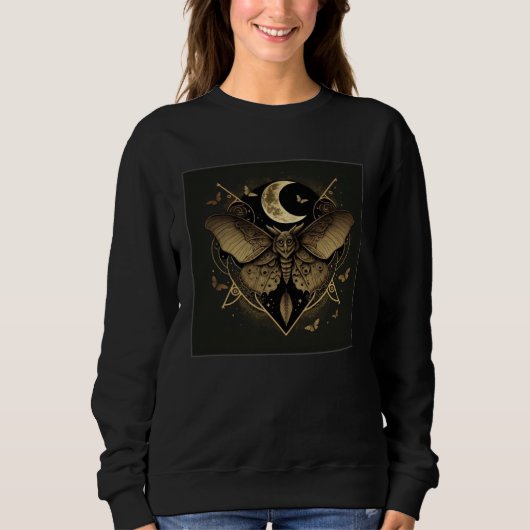 Cute Moth Butterfly Moon Illustration Flowers Wome スウェットシャツ (正面)