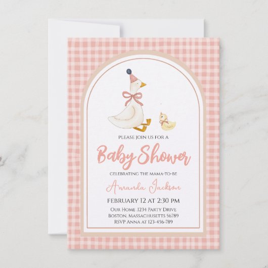 Cute Mother Goose & Gosling Pink Baby Shower   招待状 (正面)