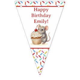 Cute Mouse and Cupcake Personalized Birthday バンティングフラッグ