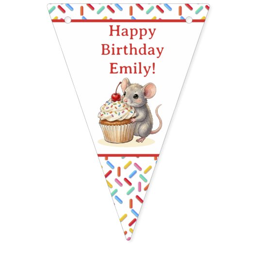 Cute Mouse and Cupcake Personalized Birthday バンティングフラッグ (第1の旗)
