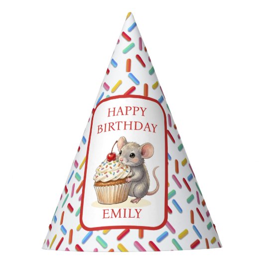 Cute Mouse, Cupcakes and Sprinkles Birthday パーティーハット (正面)