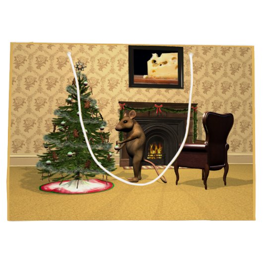 Cute Mouse Decorating a Christmas Tree ラージペーパーバッグ (裏面)