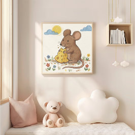 Cute Mouse Eating Cheese Crayon Drawing Kid ポスター