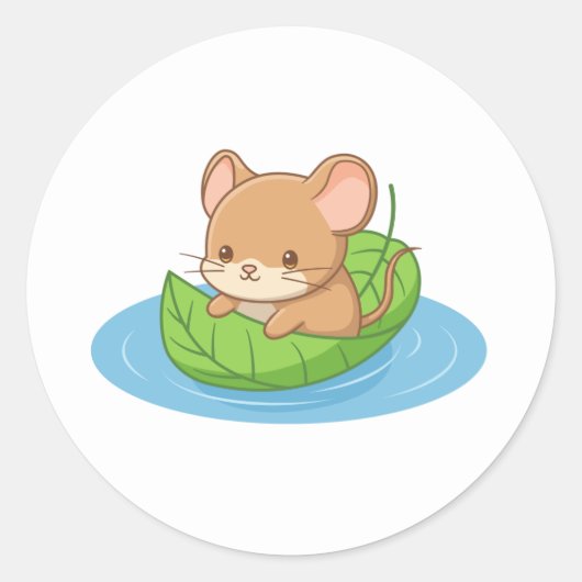 Cute Mouse in a Leaf Boat ラウンドシール (正面)