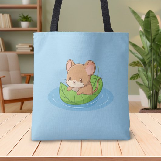 Cute Mouse in a Leaf Boat Blue トートバッグ