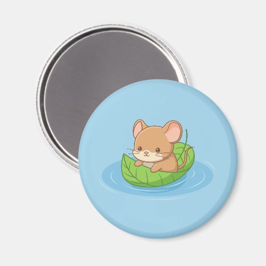 Cute Mouse in a Leaf Boat Blue マグネット (正面/裏面)