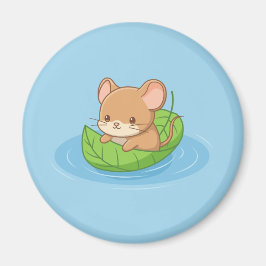 Cute Mouse in a Leaf Boat Blue マグネット