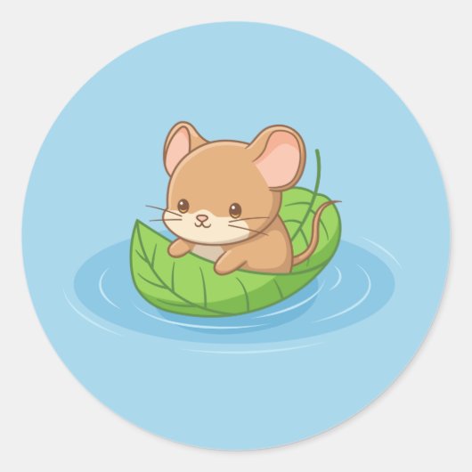 Cute Mouse in a Leaf Boat Blue ラウンドシール (正面)