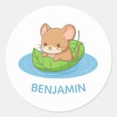 Cute Mouse in a Leaf Boat Custom Name ラウンドシール (正面)