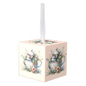 Cute Mouse in Floral Teapot Illustration キューブオーナメント (裏面アングル)