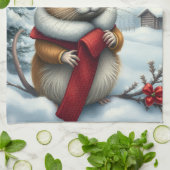 Cute Mouse in Preppy Winter Attire and Hat Winter キッチンタオル (折り畳み)