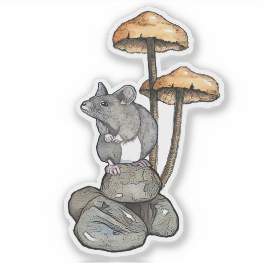 Cute Mouse Standing on Rocks, with Mushrooms シール (正面)