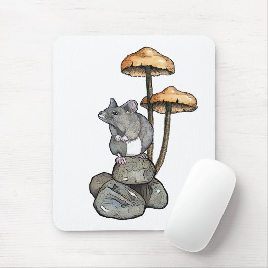 Cute Mouse Standing on Rocks, with Mushrooms マウスパッド (マウス)