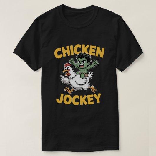 Cute Muscular Green Kid Riding Chicken – Chicken J Tシャツ (デザイン正面)