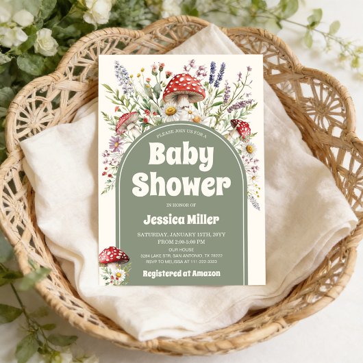 Cute Mushroom Watercolor Baby Shower Invitation 招待状