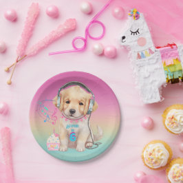 Cute Music Loving Golden Retriever Personalized ペーパープレート