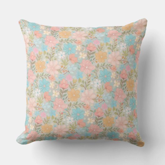 Cute muted pastel floral pattern クッション (正面)