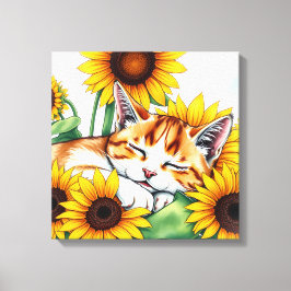 Cute Napping Kitten and Sunflowers キャンバスプリント