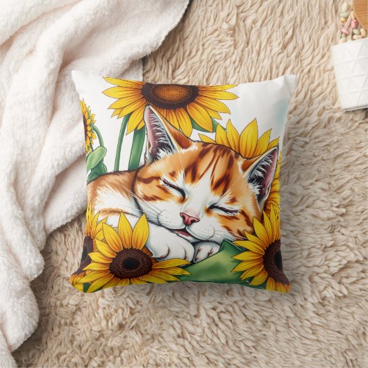 Cute Napping Kitten and Sunflowers クッション (ブランケット)
