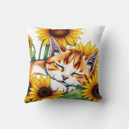 Cute Napping Kitten and Sunflowers クッション (裏面)