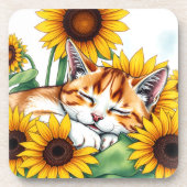 Cute Napping Kitten and Sunflowers コースター (正面)